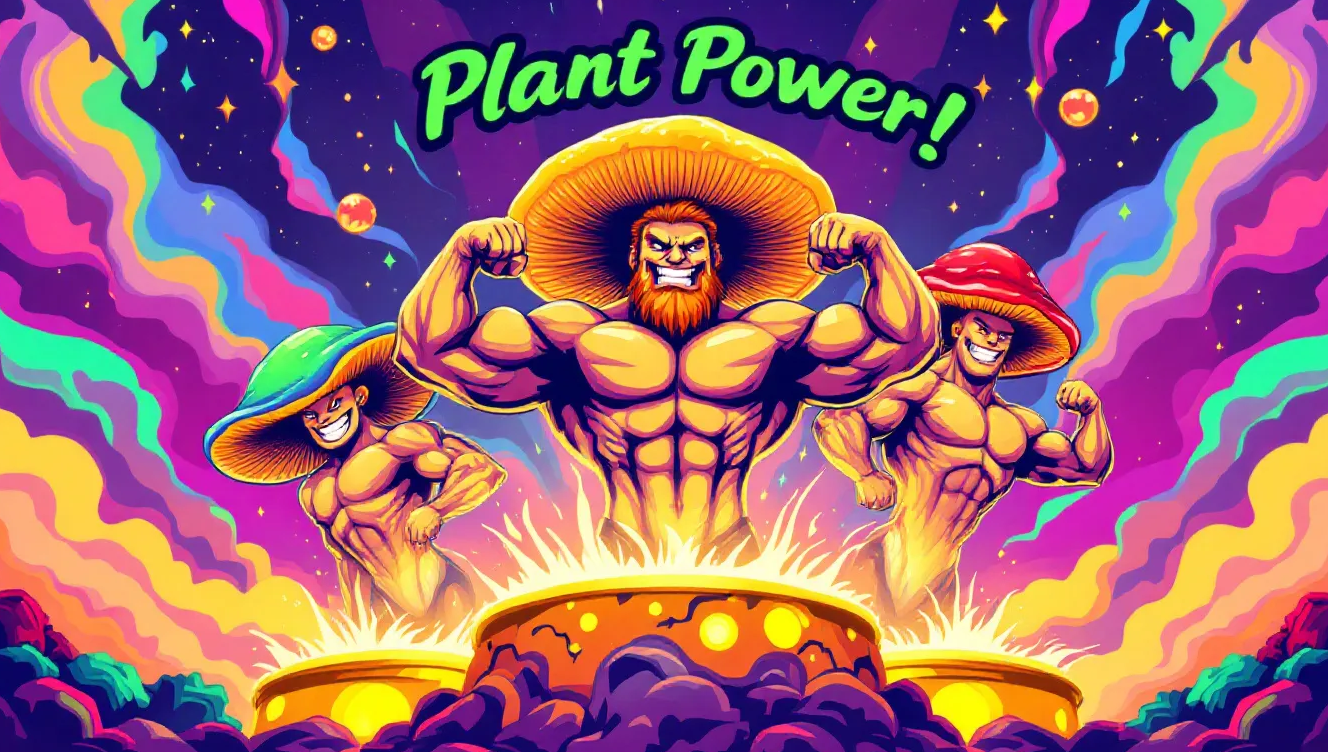 High-protein mushrooms like oyster, lion’s mane, and shiitake illustrated in bold psychedelic pop-art style, showing their benefits in plant-based diets with protein symbols, dumbbells, and energy bursts around them.