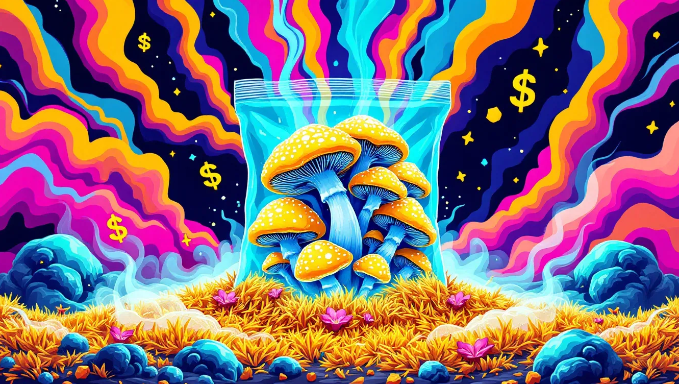 Visual guide on mushroom grow bags with psychedelic background, highlighting oyster and lion’s mane mushrooms, cultivation kits, and grow bag setup