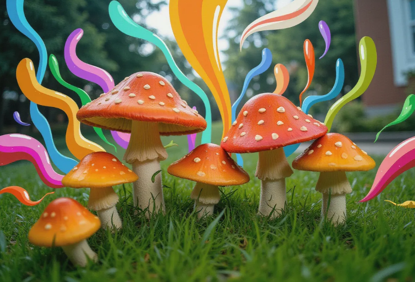 a vibrant outdoor mushroom bed filled with lush, growing mushrooms in a backyard garden, surrounded by a trippy, hazy, colorful psychedelic background