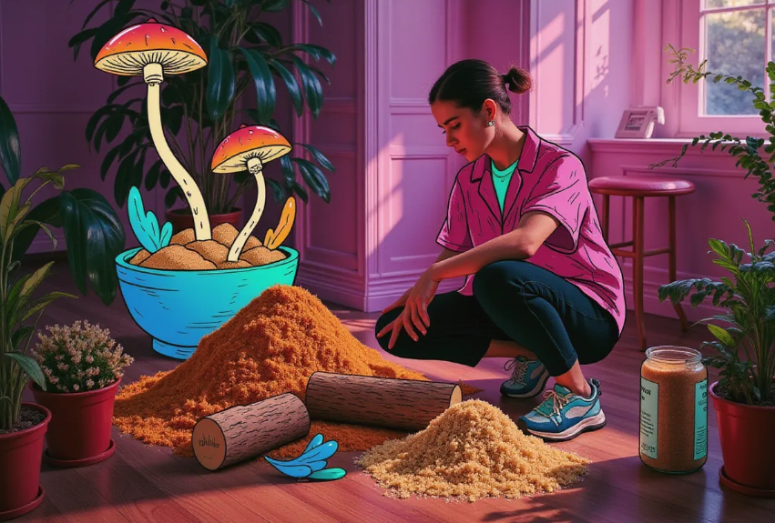 a person setting up a shiitake mushroom grow kit with logs and sawdust in a cozy home garden space