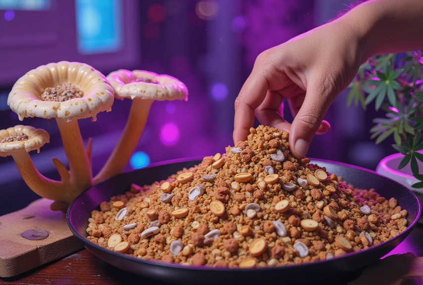 a person mixing soy hulls and hardwood to create Master's Mix with oyster and lion's mane mushrooms growing nearby in a home setup