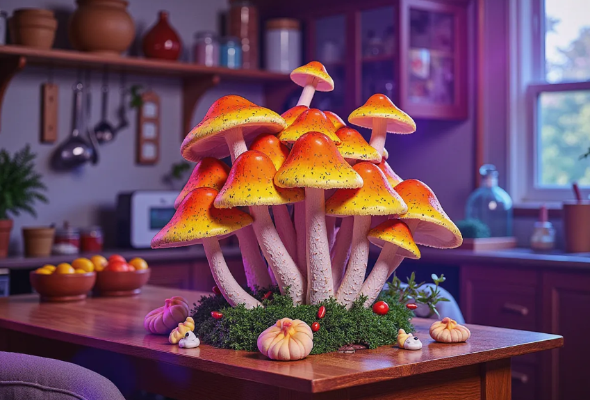 a vibrant lion’s mane mushroom cluster on a wooden table, surrounded by glass jars and drying racks in a cozy kitchen setting