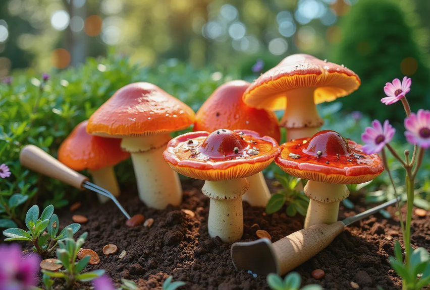 a lush outdoor garden bed filled with vibrant wine cap mushrooms, surrounded by gardening tools and rich soil under soft sunlight