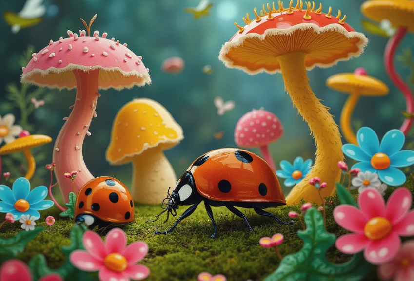 a ladybug interacting with various fungi in a lush, miniature ecosystem with distorted, dreamlike shapes, showcasing parasitic, symbiotic, and predatory relationships