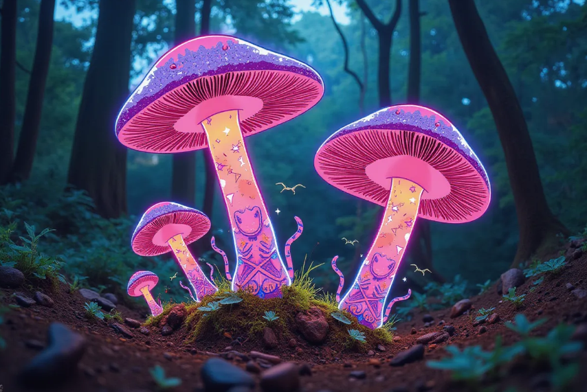 Astraeus earthstar mushrooms with exaggerated, warped shapes, split between a Thai jungle and an American forest, showcasing their genetic uniqueness with glowing DNA strands floating around