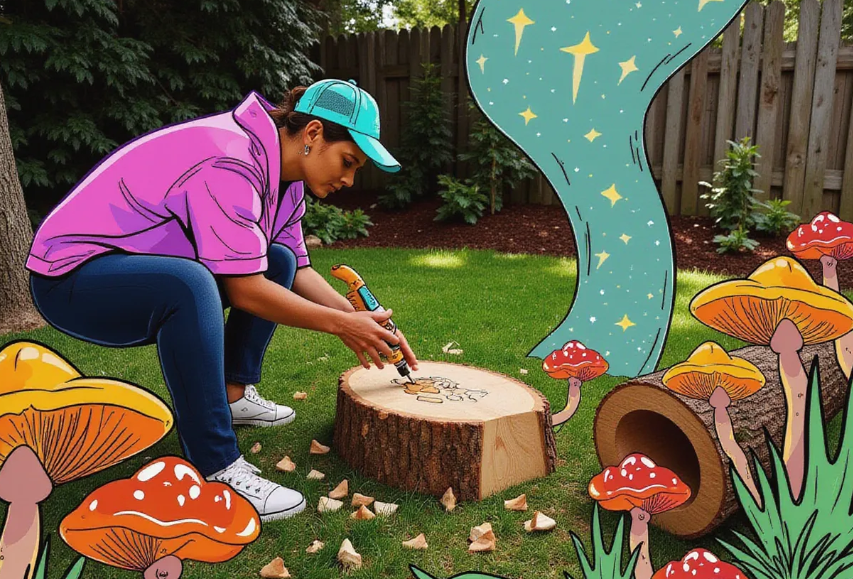 a person in a lush backyard setting, drilling holes into a freshly cut hardwood log with mushroom spawn in hand, surrounded by scattered wood chips and vibrant mushrooms growing on nearby logs