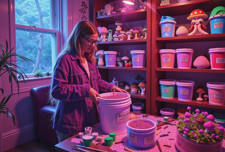 a person in a cozy indoor setting, filling a plastic bucket with mushroom substrate and spawn, surrounded by shelves of vibrant mushroom-filled buckets and mycology tools