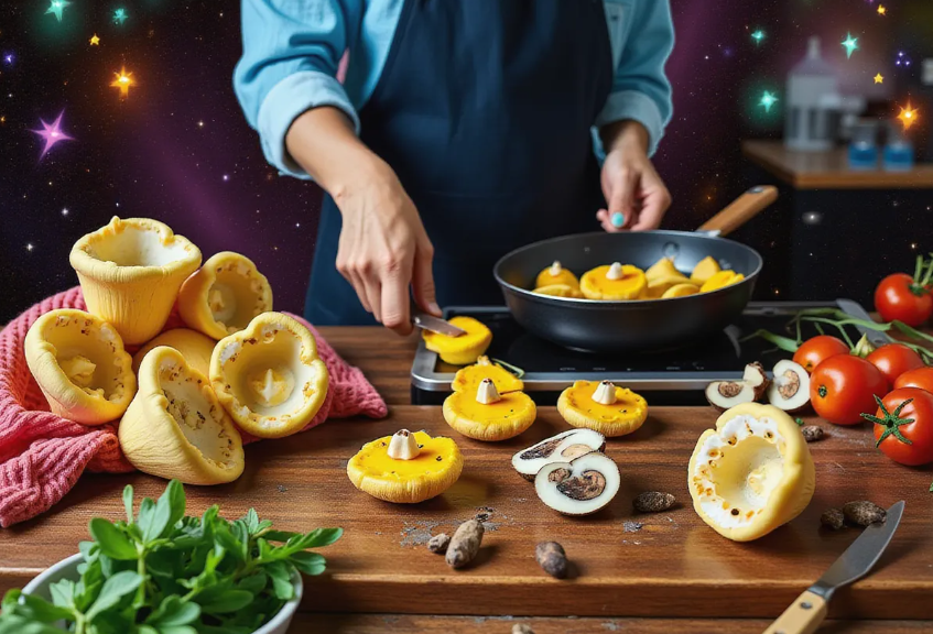 a rustic kitchen counter with a person slicing king trumpet mushrooms next to a pile of oyster mushrooms, surrounded by mycology grow kits and fresh herbs, with a sizzling pan in the background