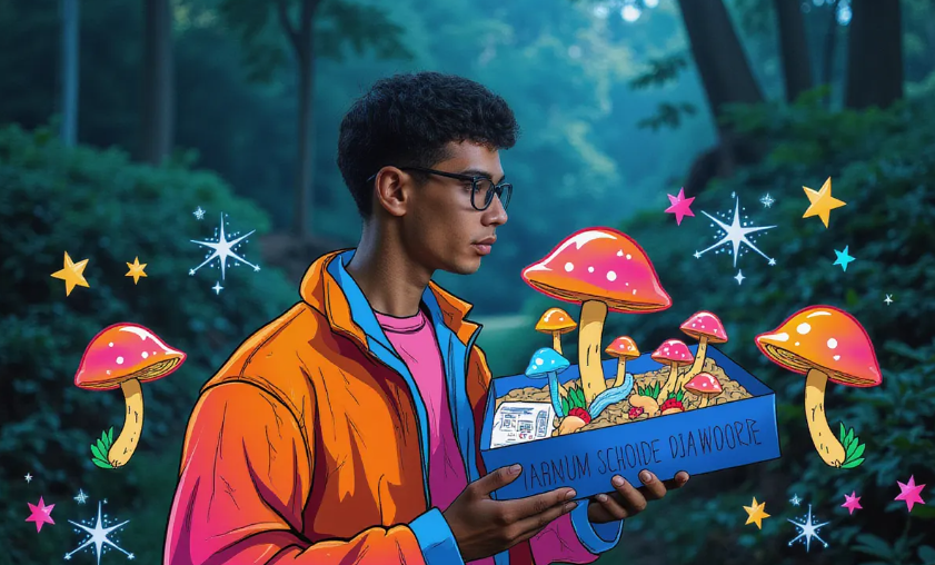 a contemplative person holding a vibrant mushroom grow kit in a lush forest setting, with glowing mushrooms and scientific charts floating around them
