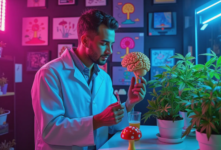a thoughtful person examining a cannabis leaf and a brain model in a laboratory setting, with vibrant mushroom grow kits and neural network diagrams in the background