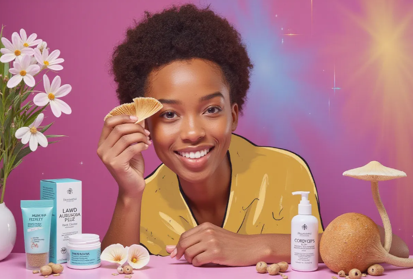 a person with clear, radiant skin holding a Cordyceps mushroom, surrounded by various skincare products and mushroom grow kits, in a serene spa-like setting
