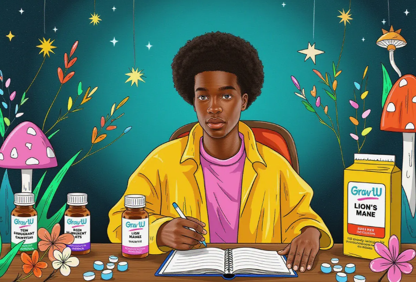 a person in a cozy indoor garden carefully tending to a Wood Ear mushroom grow kit on a wooden table with mycology supplies like agar plates and grain spawn bags, surrounded by illustrations of colorful fantasy mushrooms, fairy lights, herbs, and vines