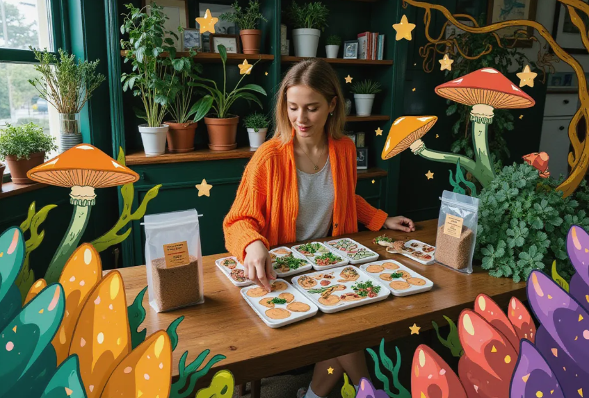 a person in a cozy indoor garden carefully tending to a Wood Ear mushroom grow kit on a wooden table with mycology supplies like agar plates and grain spawn bags, surrounded by illustrations of colorful fantasy mushrooms, fairy lights, herbs, and vines