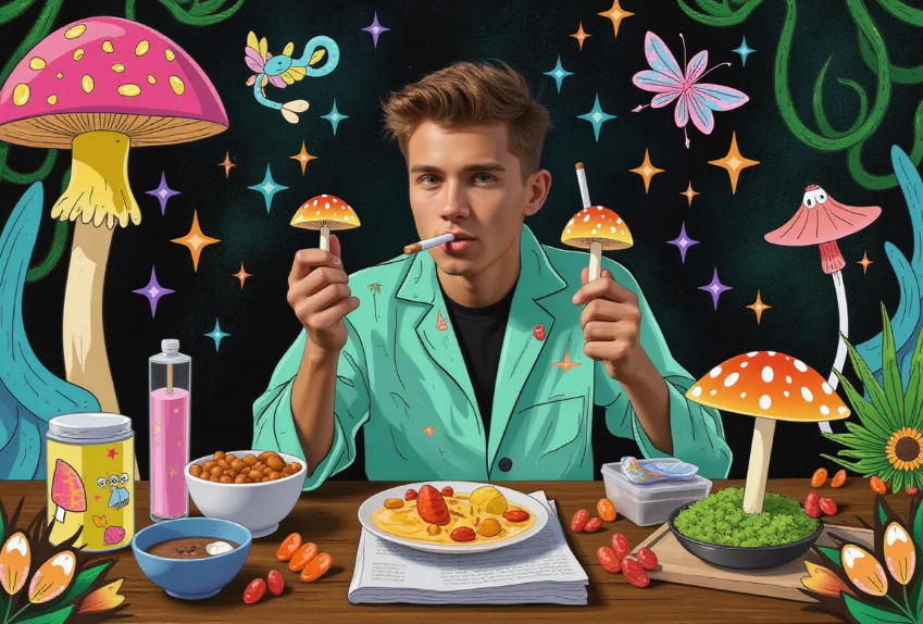 a contemplative young adult holding a psychedelic mushroom and a joint, seated at a rustic wooden table with mycology supplies like liquid cultures and agar plates, surrounded by illustrations of colorful fantasy mushrooms, fairy lights, herbs, and vines