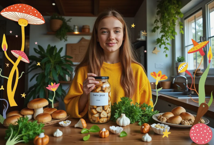 a curious young adult in a rustic kitchen, holding a jar of pickled wild mushrooms with a variety of fresh mushrooms and herbs scattered on a wooden table, lit by soft natural light