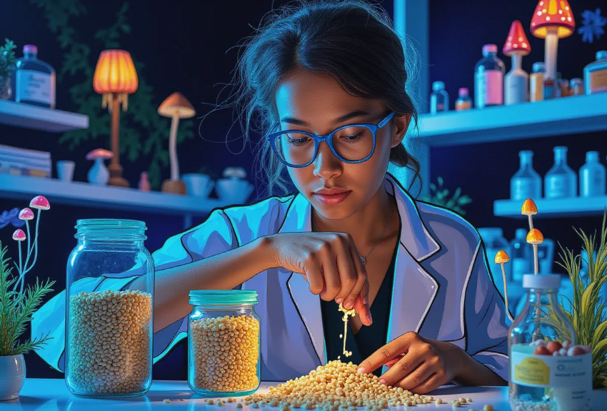 an intrigued young adult in a modern laboratory, examining a handful of myceliated grain with scientific equipment and jars of fermented grains on a sleek countertop, illuminated by cool, clinical lighting
