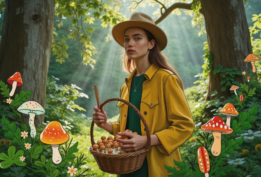 an adventurous young adult in a lush forest, holding a basket of freshly foraged wild mushrooms with a field guide and foraging tools nearby, bathed in dappled sunlight filtering through trees