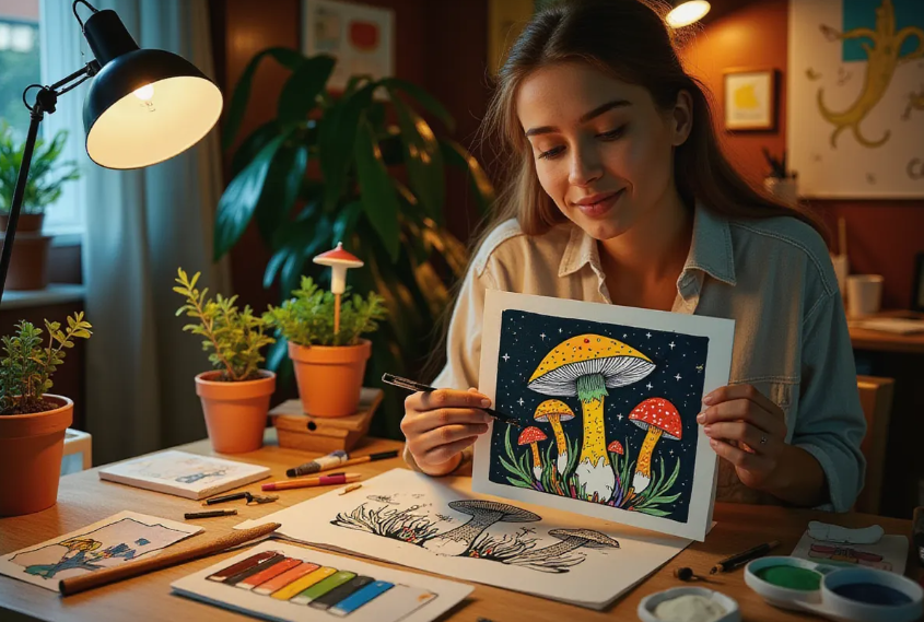 a creative young artist in a cozy studio, holding a detailed linocut fungi art print by Alice Aries, with mushroom-inspired sketches and art supplies scattered on a wooden desk, lit by warm, ambient light
