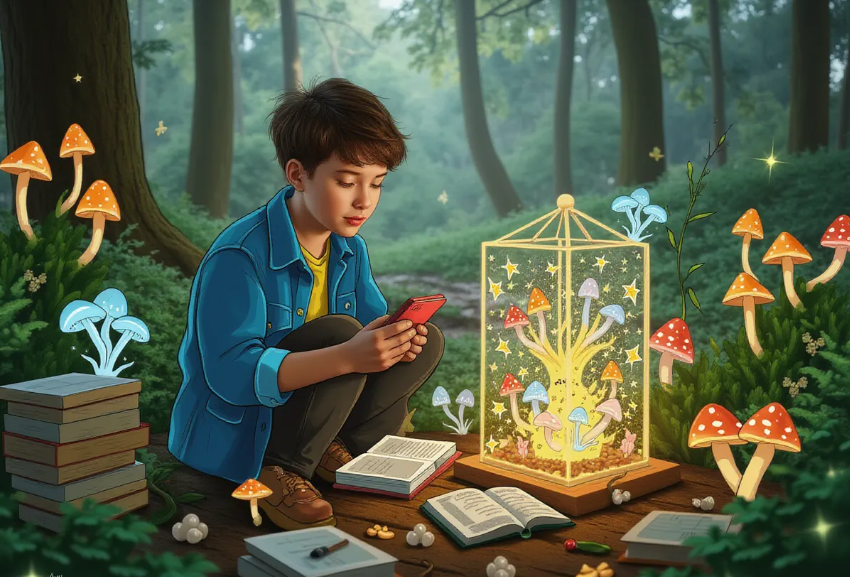 an inquisitive young scientist in a forest clearing, kneeling beside a transparent model of the mycelium network, with various mushroom species and books on mycology scattered around, illuminated by the soft glow of morning light
