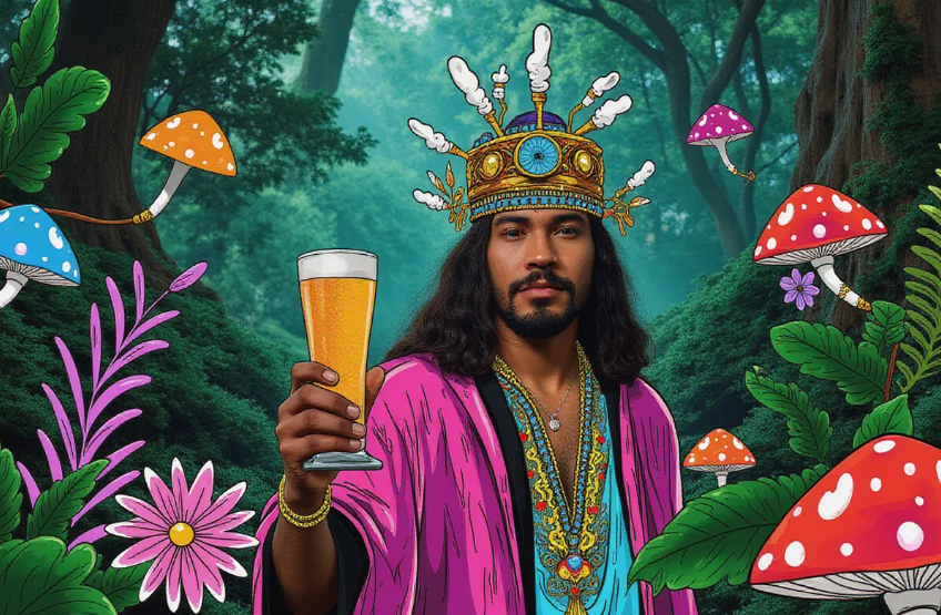 an ancient Peruvian nobleman holding a goblet of psychedelic beer in a lush jungle setting