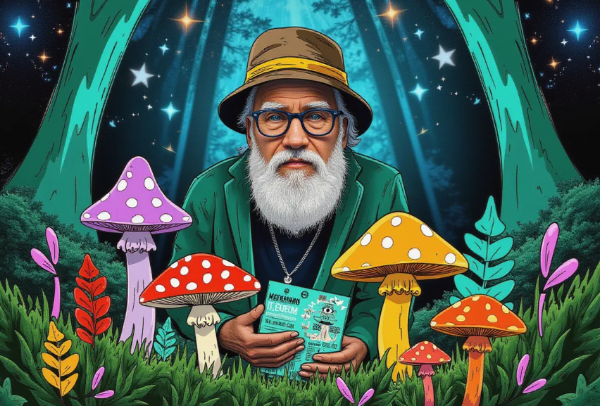 a curious old man scientist with glasses and white beard and waring bucket cap examining a mycelium network in a forest clearing, holding a mushroom grow kit from Zombie Mushrooms