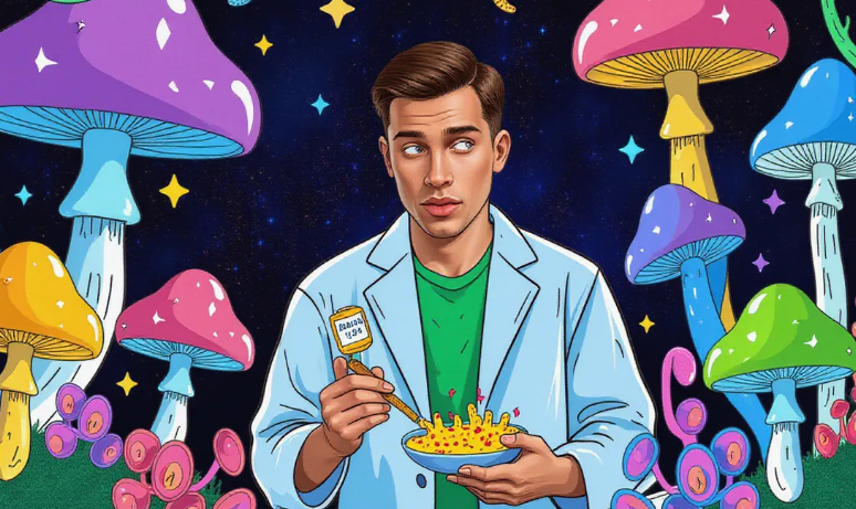 a skeptical researcher in a lab coat holding a Zombie Mushrooms mycelium grow kit, examining a petri dish with mycelium in a modern lab setting