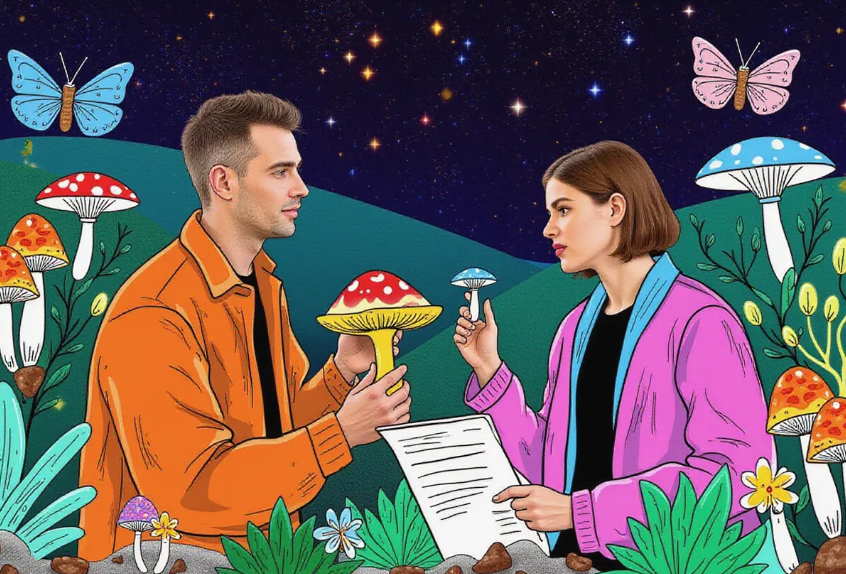 a thoughtful therapist in New Mexico, holding a psilocybin mushroom with a legal document beside them, discussing therapy options with a client