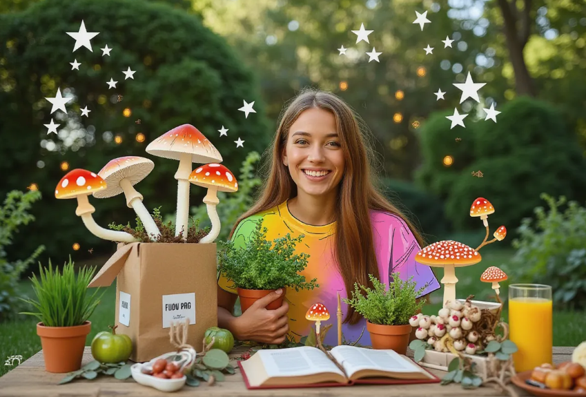 a vibrant young adult in a cozy outdoor setting, holding a mushroom grow kit with a joyful expression, surrounded by lush greenery and a rustic wooden table