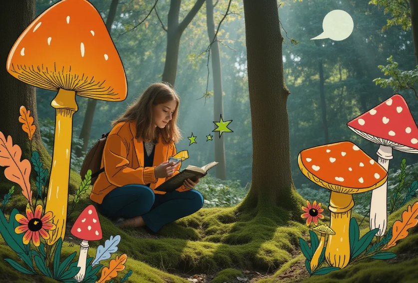 curious forager in a lush forest, closely examining a cluster of honey fungus with a field guide in hand, surrounded by autumnal trees and mossy ground