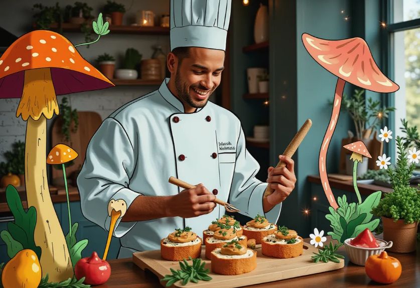 a cheerful chef in a cozy kitchen, spreading wild mushroom paté on artisan bread with a rustic cutting board and fresh herbs nearby
