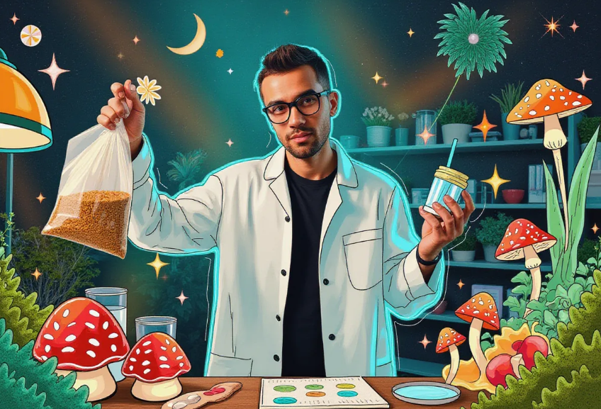 an enthusiastic mycologist in a well-organized laboratory, holding up a bag of mushroom grain spawn with a look of determination, surrounded by various mycology supplies like agar plates and liquid cultures