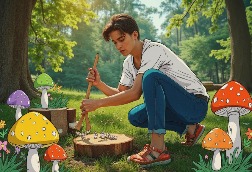 a gardener in a sunny outdoor setting, hammering mushroom plug spawn into a log with a focused expression, surrounded by a lush forest clearing and scattered logs