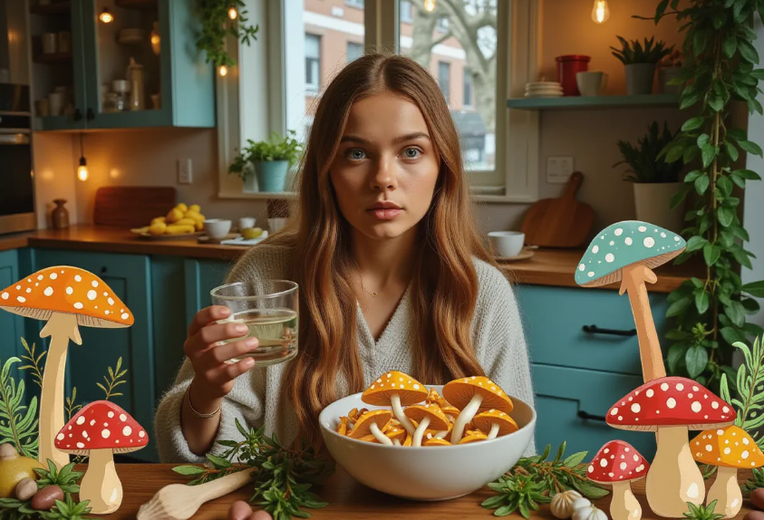 a curious young adult in a cozy kitchen, holding a bowl of Lion’s Mane mushrooms and a glass of water, with a rustic wooden table displaying fresh herbs and cooking utensils
