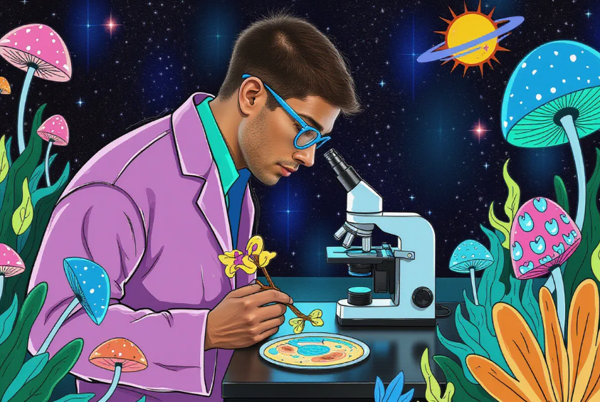 an intrigued scientist in a lab, examining a petri dish with mushroom mycelium and fruitbodies under a microscope