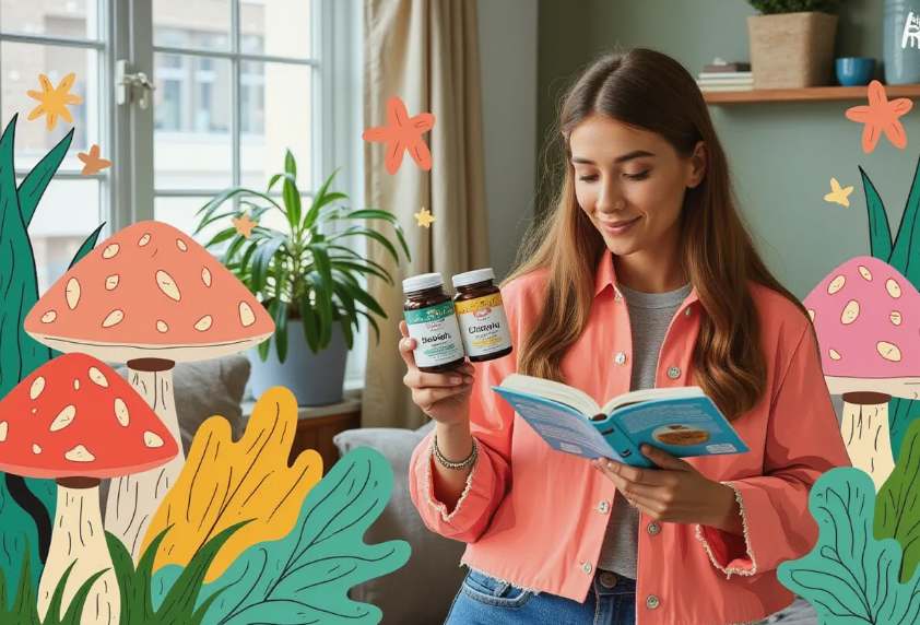 a wellness enthusiast in a bright home setting, holding a bottle of Reishi and Chaga mushroom supplements while reading a health journal