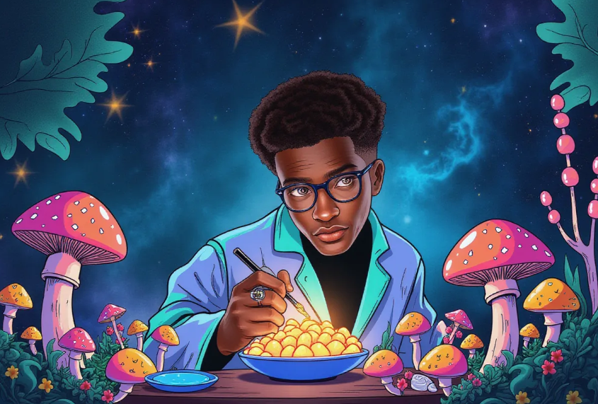 a curious scientist in a lab coat examining a glowing mushroom mycelium culture in a petri dish under soft laboratory lighting