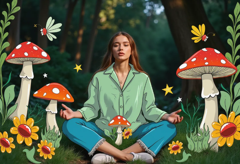 a serene wellness enthusiast in a meditative pose holding a Reishi mushroom in a tranquil forest setting