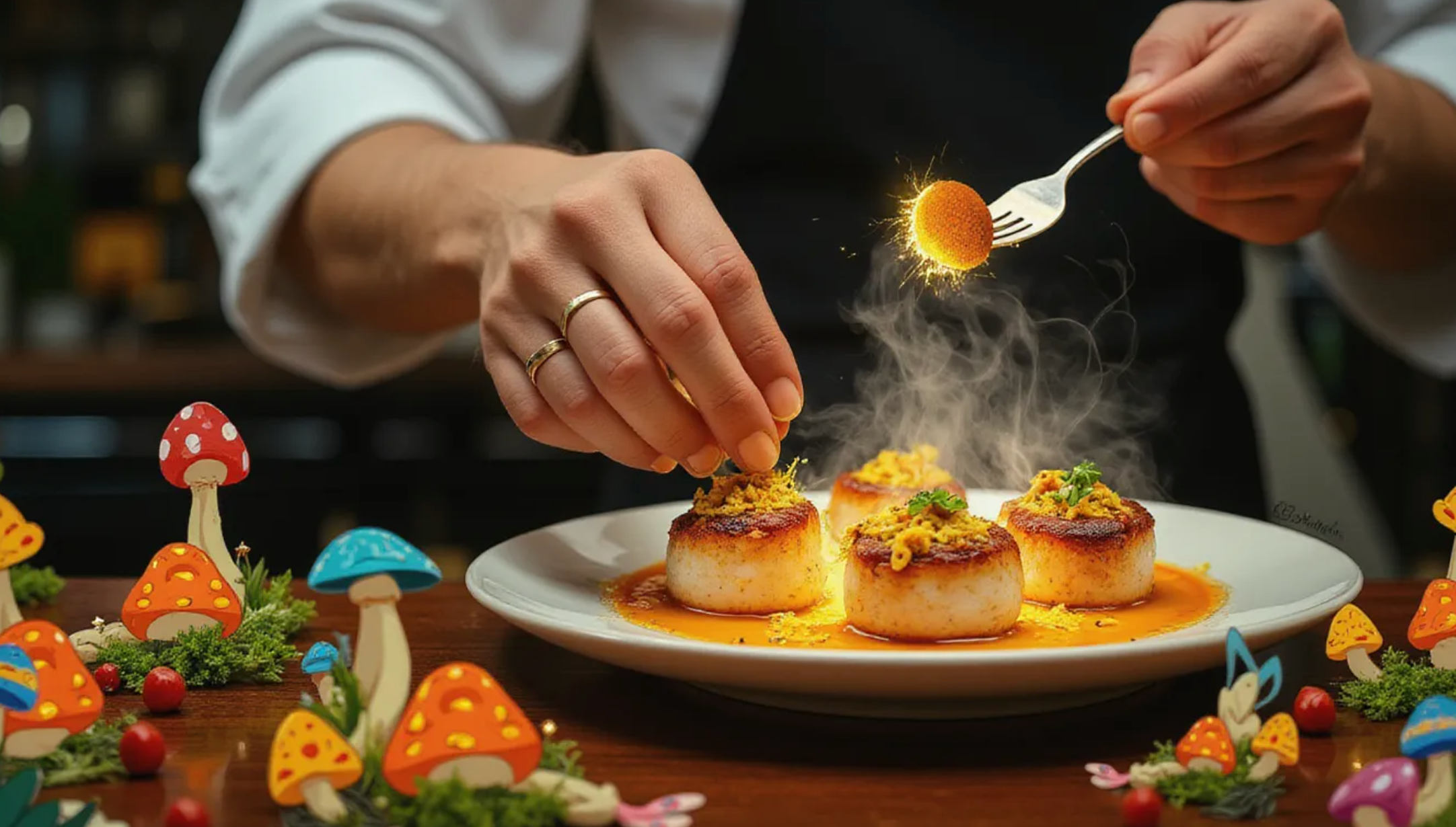 Fashionable chef holding gourmet mushrooms like lion's mane, shiitake, and maitake in a luxury kitchen surrounded by vibrant mushroom illustrations