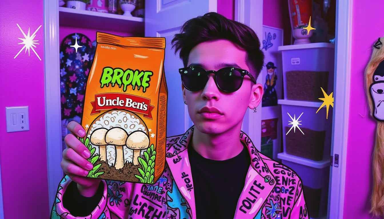 hero showcasing brown rice bag cultivated with mushrooms