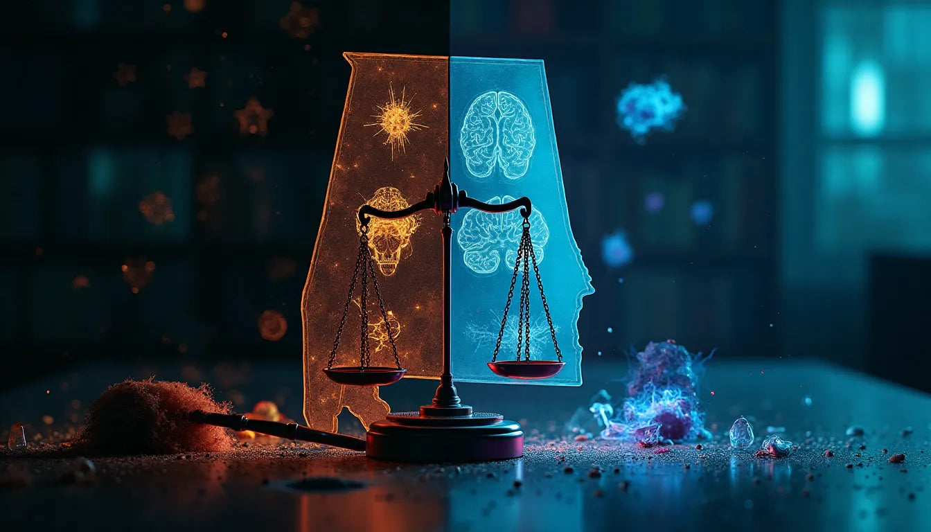 Hero image depicting the legal landscape of psychedelics in Alabama with justice and science themes