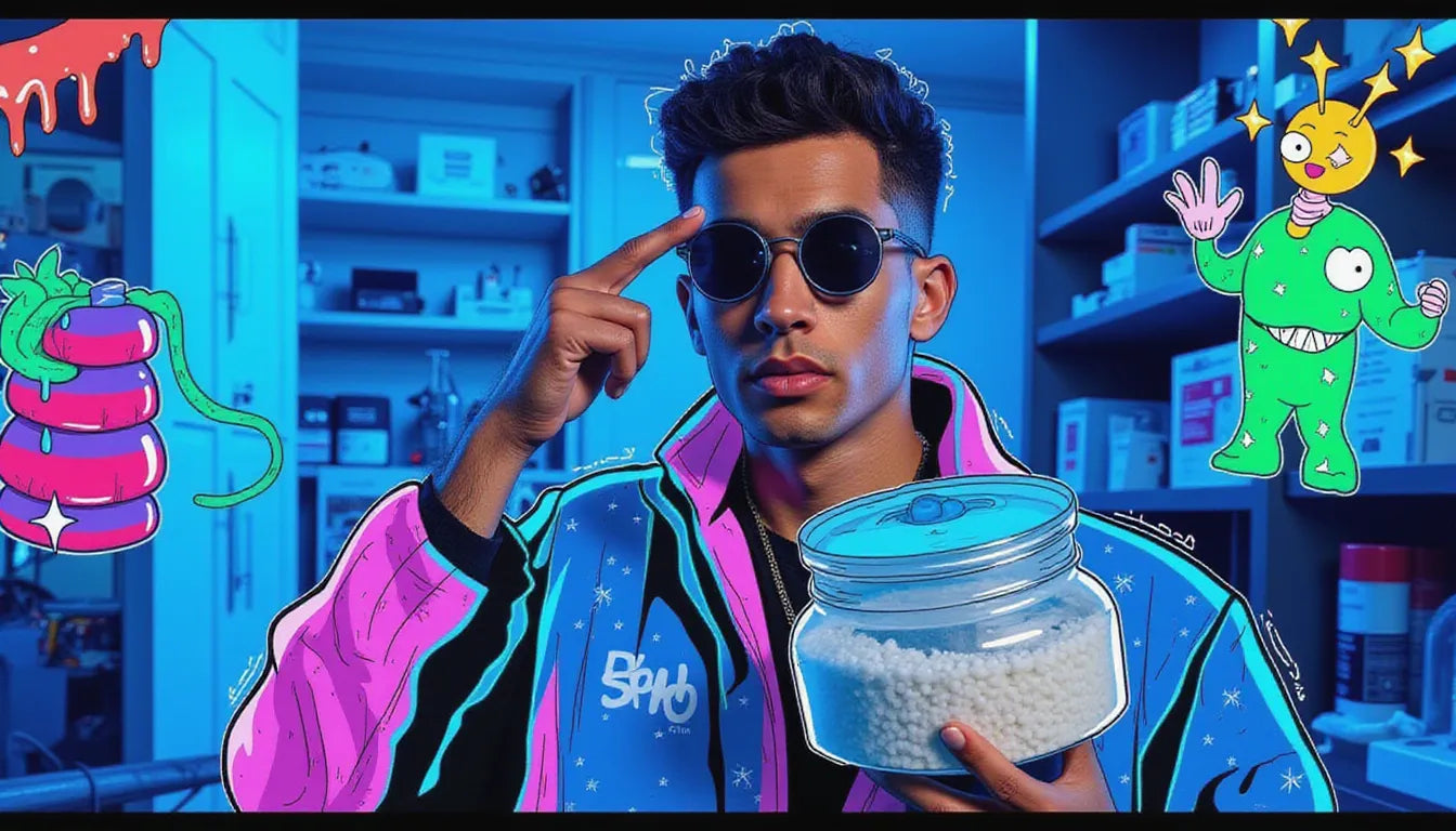 Hero image of confident biohacker with Lion's Mane mycelium demonstrating brain-boosting potential in cyberpunk laboratory setup