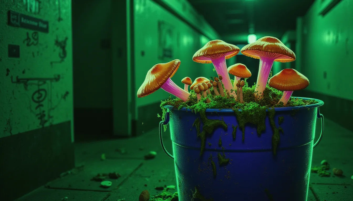 Hero image showcasing the dark, underground aesthetic of bucket mushroom cultivation with horror-inspired elements