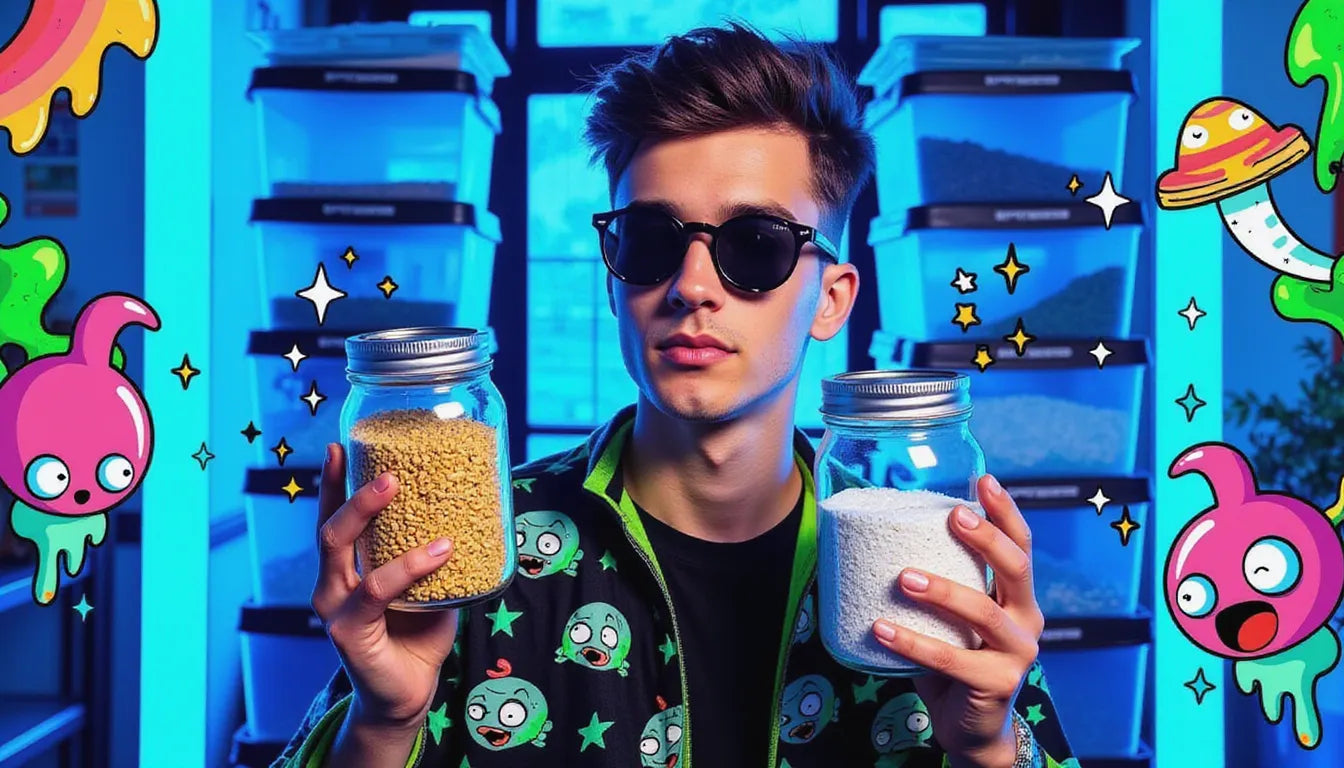 Hero image showing confident cultivator demonstrating grain-to-grain transfer technique with colonized and fresh grain jars in cyberpunk-styled growing setup