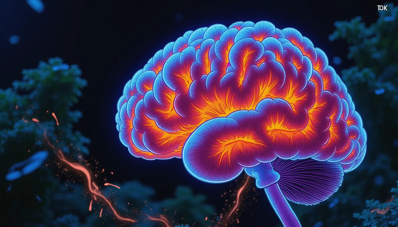 Hero image combining Lion's Mane mushrooms with brain health visualization and neural network imagery