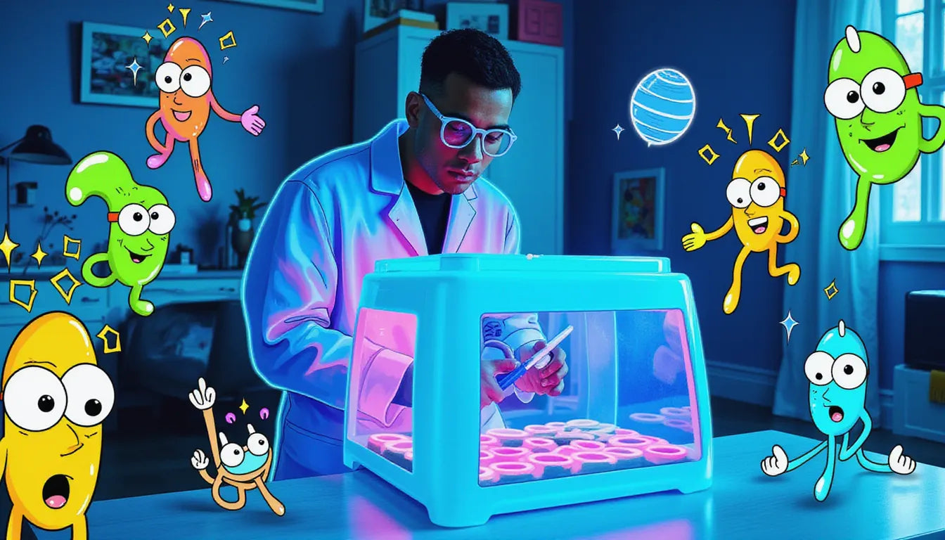 Hero image of skilled cultivator demonstrating professional sterile technique using a still air box in cyberpunk laboratory setup
