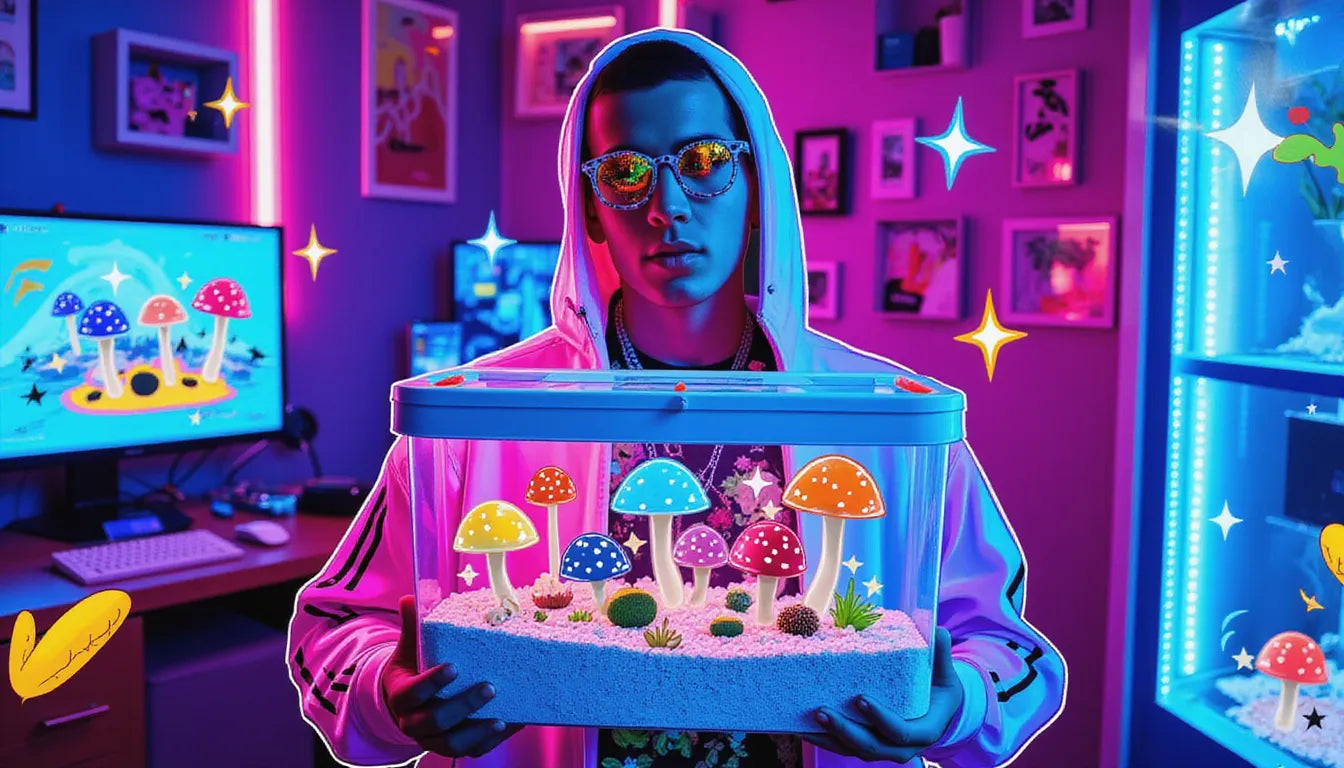 Cyberpunk cultivator showcasing completed shotgun fruiting chamber with mushroom grow blocks in neon-lit bedroom setup