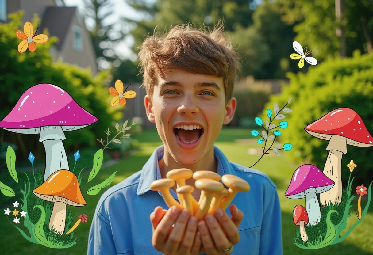 an excited young adult in a lush backyard garden, proudly holding a cluster of freshly harvested wine cap mushrooms