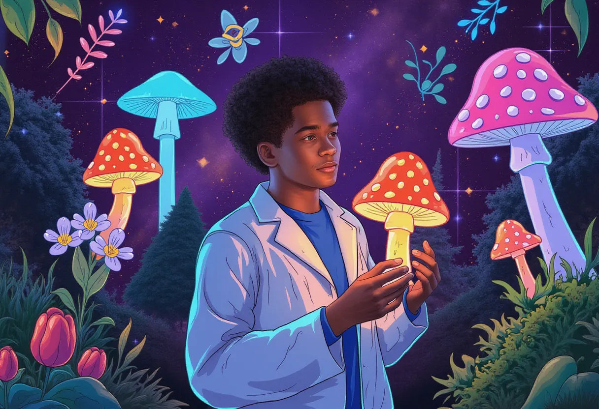 an intrigued young adult in a lab coat holding a glowing Enigma mushroom in a lush indoor grow room
