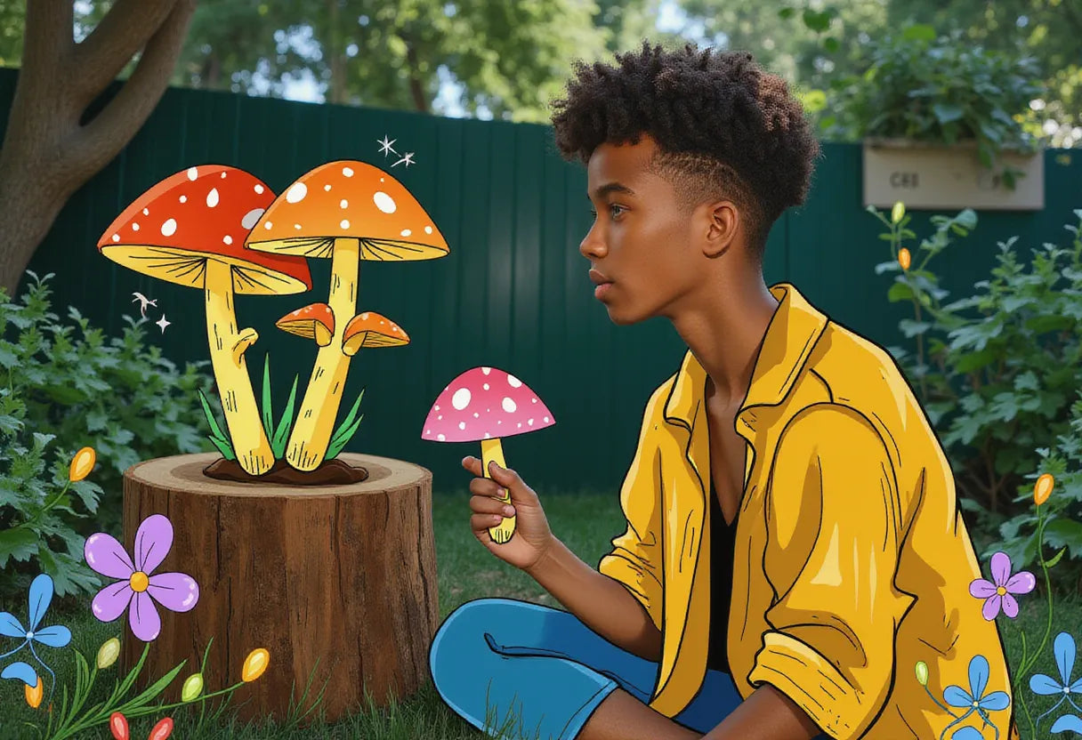 an intrigued young adult in a tranquil backyard, gently holding a wood ear mushroom growing on a tree stump with a thoughtful expression