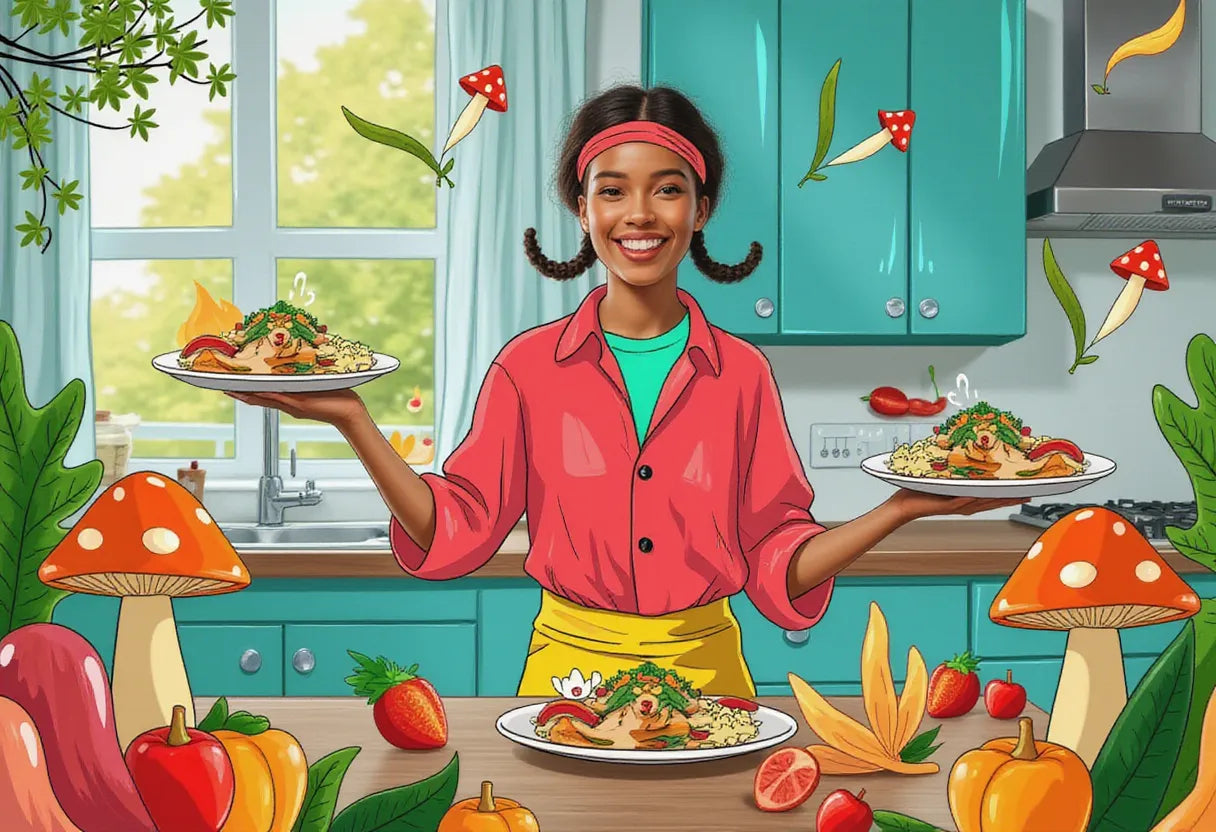 a vibrant home cook in a bright kitchen, joyfully preparing a colorful mushroom and veggie dish with a steaming plate
